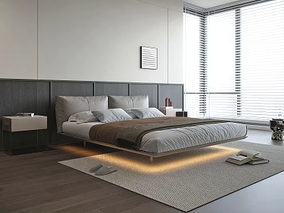Modern Bedroom Double Bed with Dark Headboard Nightstands Floor Lighting and Window Blinds 3d model
