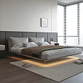 Modern Bedroom Double Bed with Dark Headboard Nightstands Floor Lighting and Window Blinds