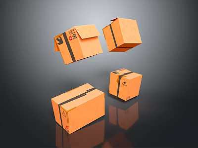 Orange Cardboard Boxes With Black Tape And Labels Floating On Dark Background With Reflections 3d model