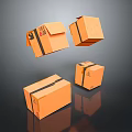 Orange Cardboard Boxes With Black Tape And Labels Floating On Dark Background With Reflections
