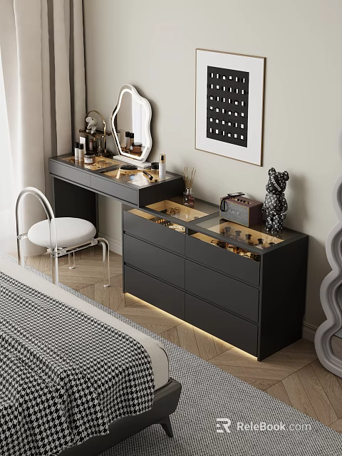Elegant Modern Dressing Table With Mirror Makeup Products Drawers Ambient Lighting And Chair 3d model 