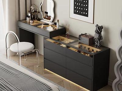 Elegant Modern Dressing Table With Mirror Makeup Products Drawers Ambient Lighting And Chair 3d model