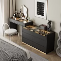 Elegant Modern Dressing Table With Mirror Makeup Products Drawers Ambient Lighting And Chair