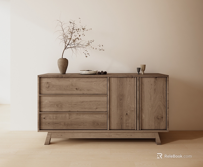 Natural Wooden Chest of Drawers with Vase Branches Plate and Ceramic Cups in Minimalist Room 3d model 