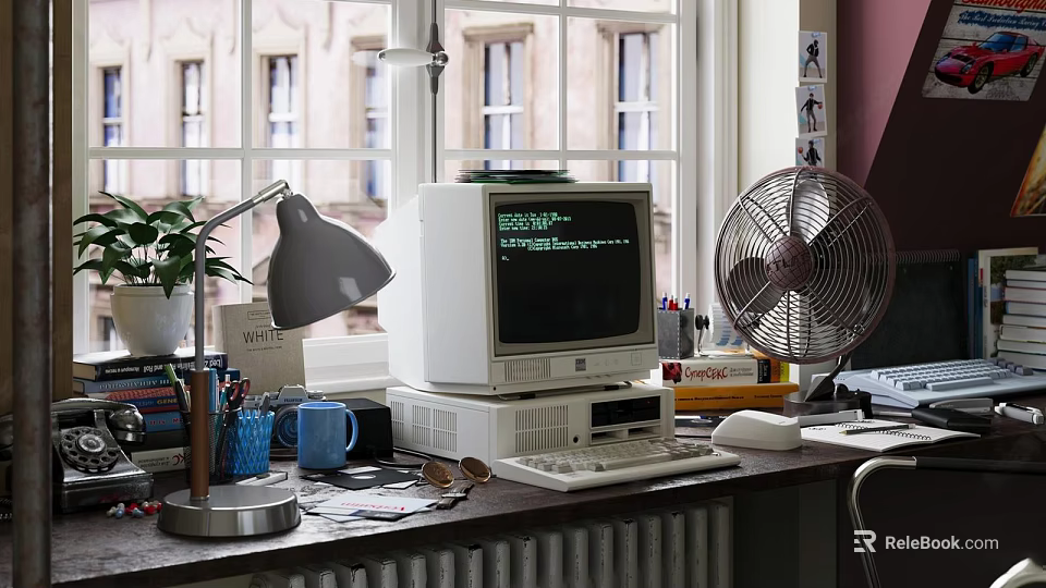 Vintage Desk Decorative Ornament Combination with Computer Table Lamp Fan and Potted Plant 3d model 