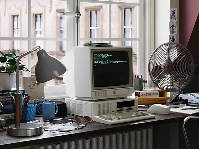 Vintage Desk Decorative Ornament Combination with Computer Table Lamp Fan and Potted Plant 3d model