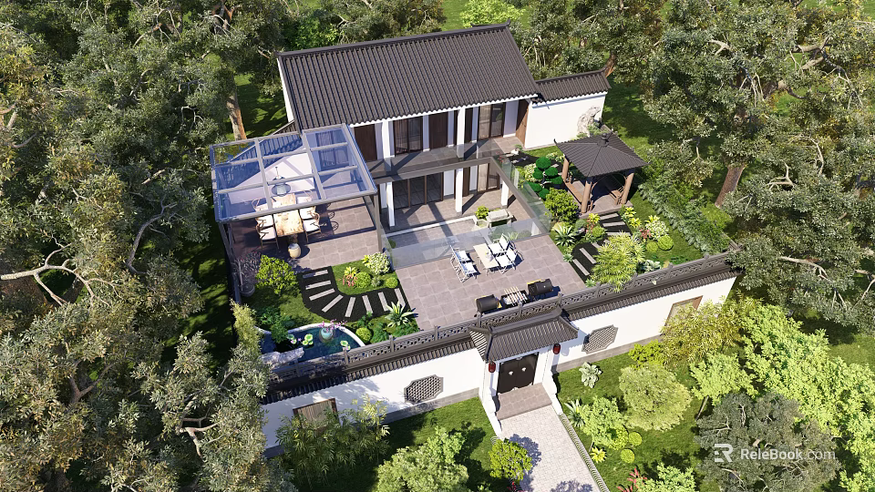 Luxurious Detached Villa With Landscaped Garden Outdoor Terrace And Tree Surrounded Greenery 3d model 