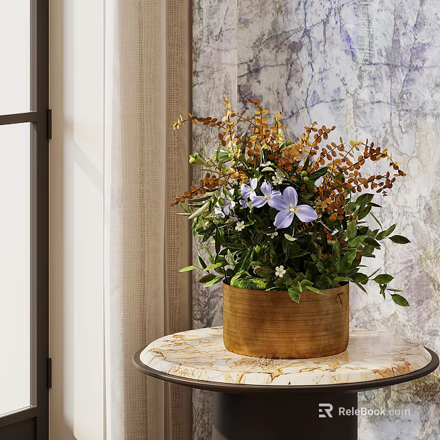 Wooden Brown Vase with Purple Blooms and Green Leaves on Marble Tabletop Near Window 3d model 