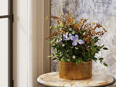 Wooden Brown Vase with Purple Blooms and Green Leaves on Marble Tabletop Near Window 3d model