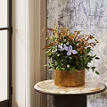 Wooden Brown Vase with Purple Blooms and Green Leaves on Marble Tabletop Near Window
