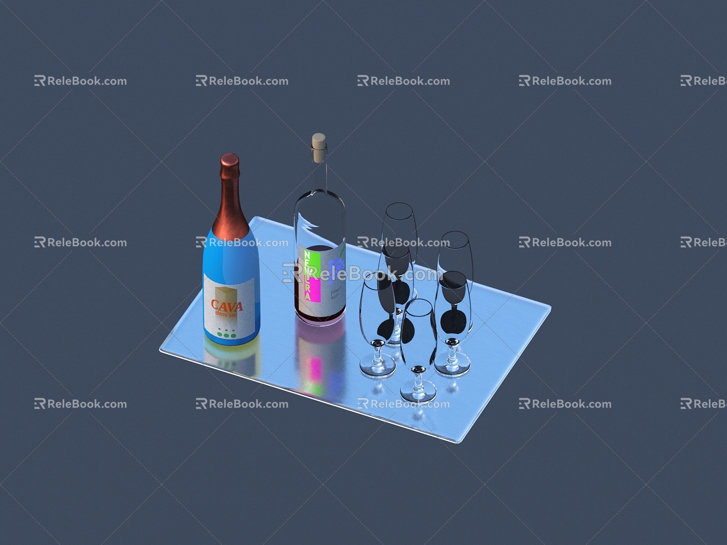 Wine Glass Wine Bottle Tray 3D Model 2018 3d model