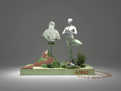 Art Installation With Two Mannequins Green Base Clothing Display Plants And ERKE Logo 3d model