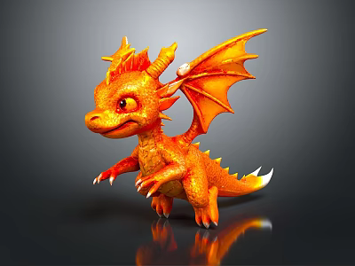 Cute Orange Baby Dragon with Big Eyes Wings and Scales on Black Background Reflective Surface 3d model