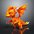 Cute Orange Baby Dragon with Big Eyes Wings and Scales on Black Background Reflective Surface