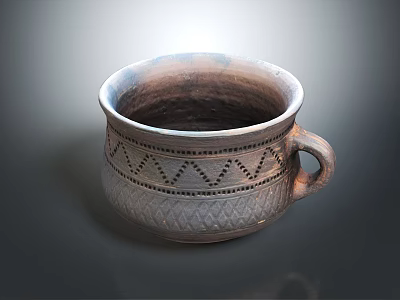 Handcrafted Clay Pot With Geometric Patterns Textured Surface And Side Handle Design 3d model