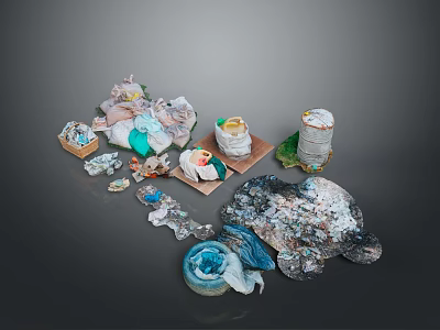 Polluted Landscape with Garbage Plastic Bags Cans Bottles and Turtle Sculpture Made of Trash 3d model