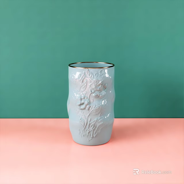 Light Blue Ceramic Decorative Ornament Set With Carved Floral Design And Gold Rim For Home Decor 3d model 