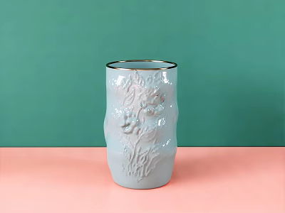 Light Blue Ceramic Decorative Ornament Set With Carved Floral Design And Gold Rim For Home Decor 3d model