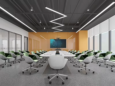 Spacious Bright Modern Conference Room With Long Meeting Table Digital Screen And Ergonomic Office Chairs 3d model