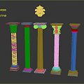 Classical Columns With Various Decorative Designs And Circular Ornaments For Architectural Elements