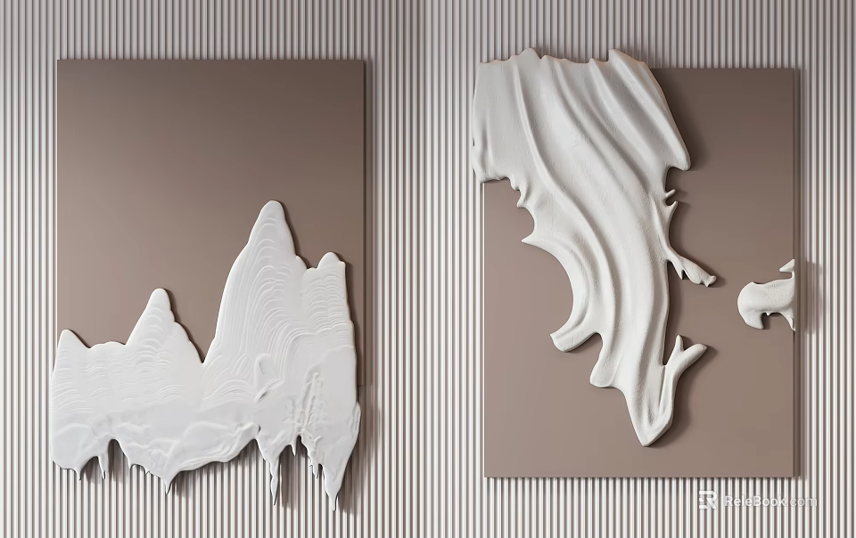Modern Abstract Wall Art Decor With White 3D Mountain And Wave Shapes On Brown Background 3d model 