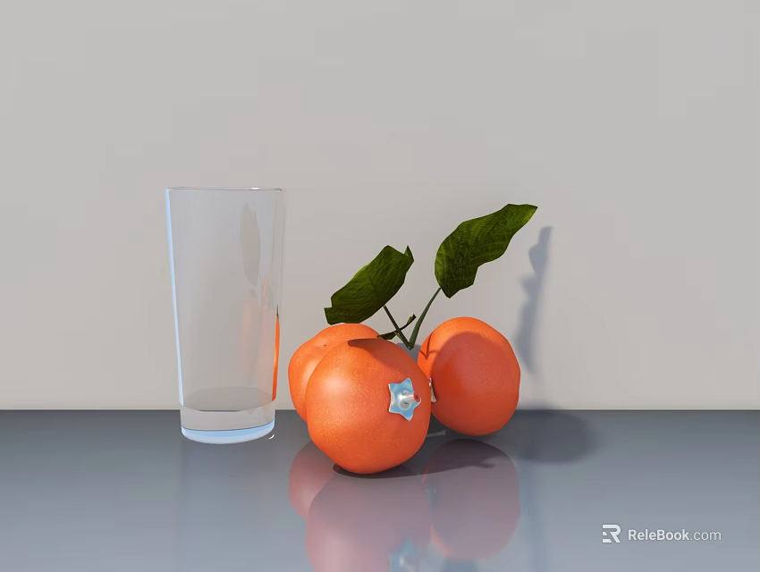 Clear Glass And Fresh Oranges With Green Leaves On Gray Tabletop 3d model 