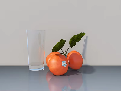 Clear Glass And Fresh Oranges With Green Leaves On Gray Tabletop 3d model