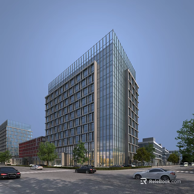 Modern High Rise Office Building With Glass Curtain Wall And Urban Surroundings 3d model 