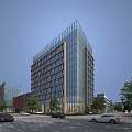 Modern High Rise Office Building With Glass Curtain Wall And Urban Surroundings