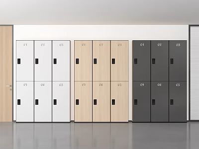 Modern Office Lockers With Numbered Doors In Wooden White And Gray Finishes 3d model