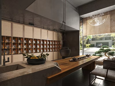 Modern Teahouse Interior Design With Tea Sets Display Shelves Green Plants And Courtyard View 3d model