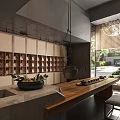 Modern Teahouse Interior Design With Tea Sets Display Shelves Green Plants And Courtyard View