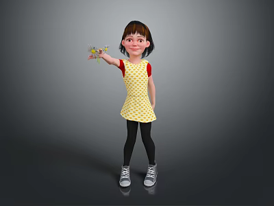 Little Girl In Yellow Polka Dot Dress Red Sleeves Black Leggings Holding Toy Gray Background 3d model