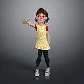Little Girl In Yellow Polka Dot Dress Red Sleeves Black Leggings Holding Toy Gray Background