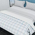 Double Bed With Blue Upholstered Headboard And Plaid Bedspread Gray Pillows 3d model