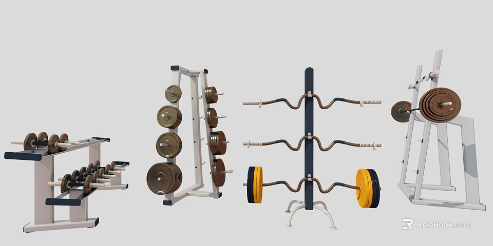 Fitness Sports Equipment Including Weight Plate Rack Barbell Bars and Various Weight Plates for Training 3d model 