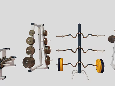 Fitness Sports Equipment Including Weight Plate Rack Barbell Bars and Various Weight Plates for Training 3d model