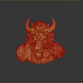 Colorful Bull Head Sculpture With Red And Purple Hair Horns On Dark Background With Reflection