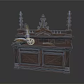 Classic Dark Brown Carved Wooden Cabinet With Ornate Top And Decorative Items
