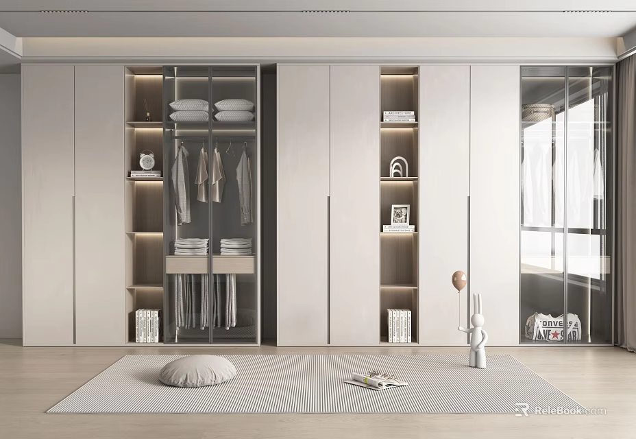 Modern Wardrobe Design with Glass Wooden Doors Built-in Shelves Layered Storage and LED Lighting 3d model 