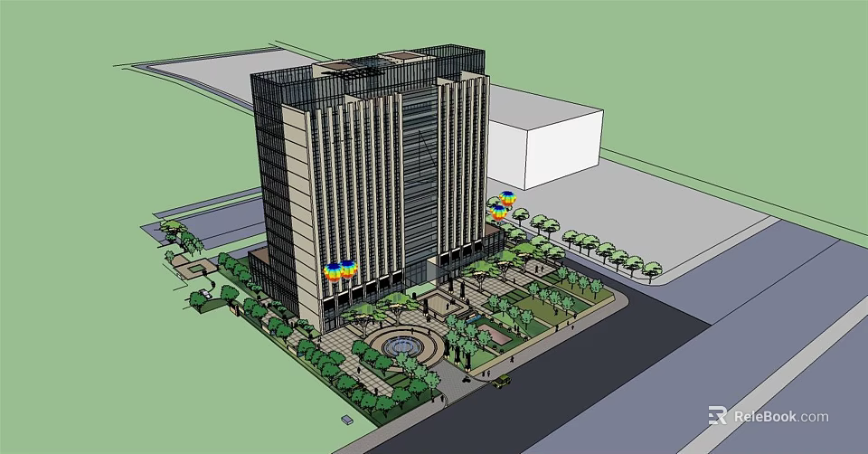 Modern High Rise Building Exterior With Landscaping Plaza Fountain And Flags 3d model 
