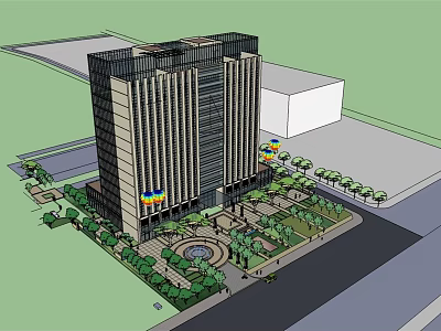 Modern High Rise Building Exterior With Landscaping Plaza Fountain And Flags 3d model