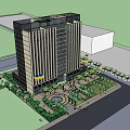 Modern High Rise Building Exterior With Landscaping Plaza Fountain And Flags