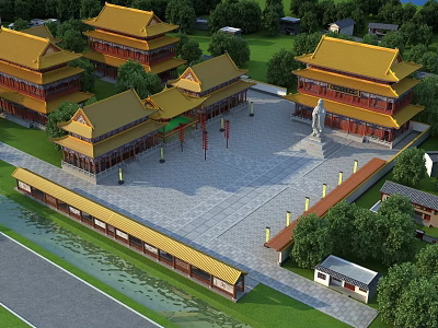 Ancient Chinese Architecture With Yellow Glazed Roofs Spacious Courtyard Square And Green Trees Classical Design 3d model