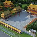Ancient Chinese Architecture With Yellow Glazed Roofs Spacious Courtyard Square And Green Trees Classical Design