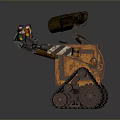 Rusty Orange Tracked Robot Character With Mechanical Arm Holding Colorful Rubik's Cube