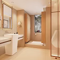 Modern Warm Light Bathroom Interior Design With Sleek Vanity Mirror And Separated Toilet Space