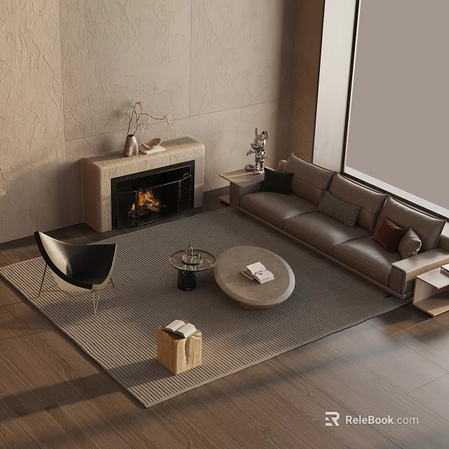 Minimalist Gray Sofa And Round Coffee Table Set With Fireplace Black Chair And Area Rug 3d model 