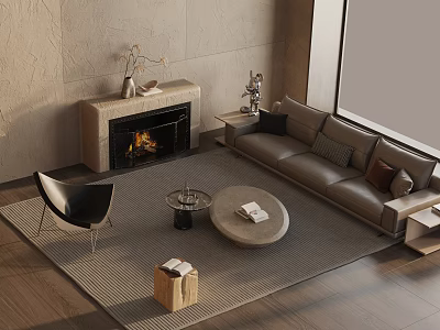 Minimalist Gray Sofa And Round Coffee Table Set With Fireplace Black Chair And Area Rug 3d model