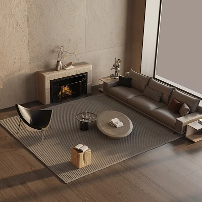 Minimalist Gray Sofa And Round Coffee Table Set With Fireplace Black Chair And Area Rug 3d model